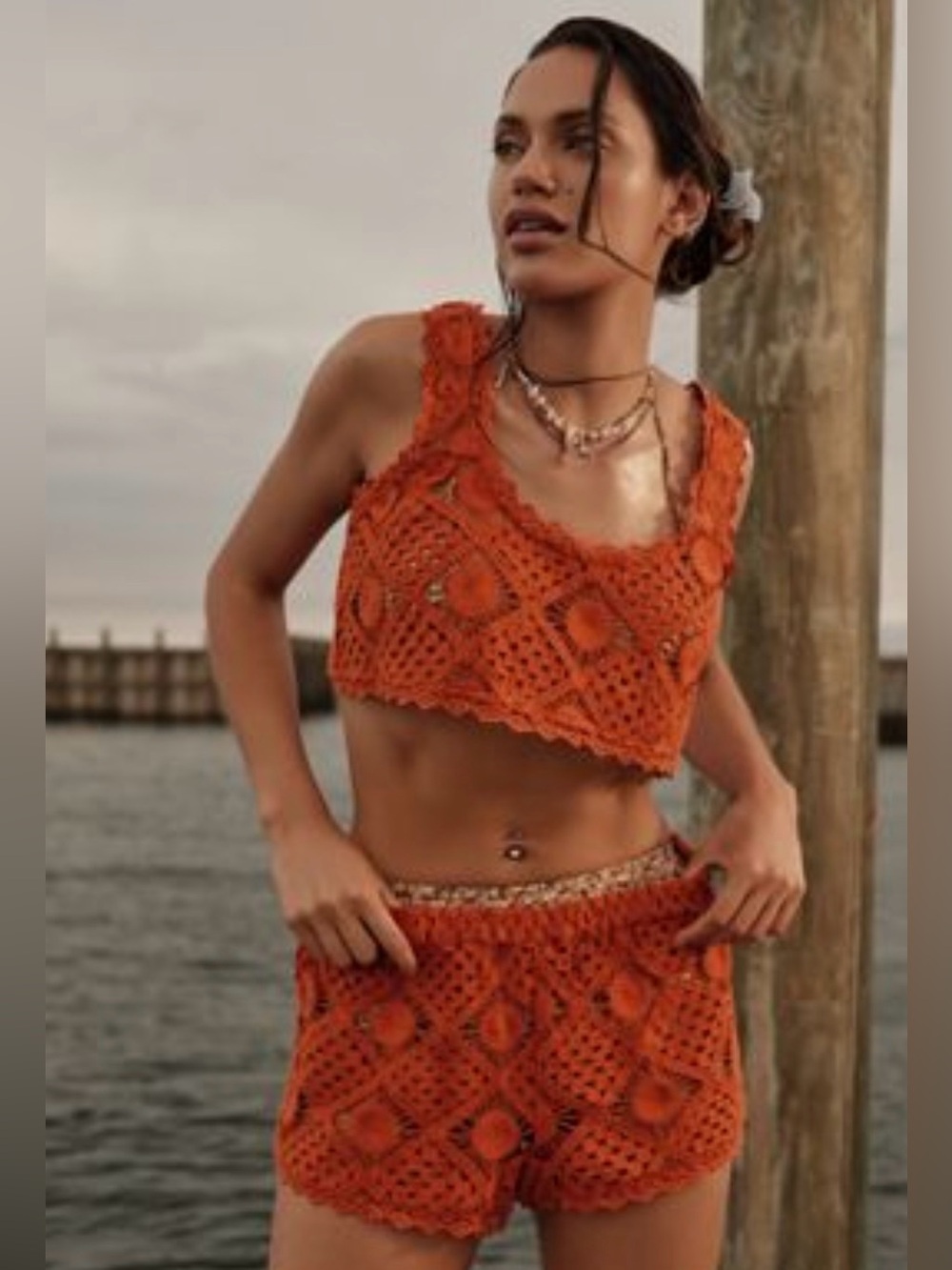Anthropologie Fauxchet Crochet Crop Tank Top and Shorts set in Burnt Orange